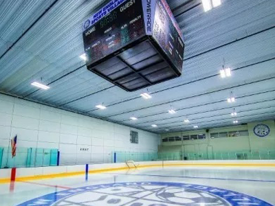 One of the ice rinks at New England Sports Village, Attleborough, MA.  Committed to developing complete athletes, New England Sports Village in Phase 1 includes a premier 110,000 square foot ice facility featuring two full size NHL rinks, a 3/4 sheet studio rink, and a dedicated goalie pad.  Phase two consists of a field house and hotel. The 110,000 square foot field house, with indoor and outdoor fields, will cater to traditional sports such as soccer, lacrosse, field hockey, baseball, and gymnastics as well as provide other recreational and food/beverage amenities.