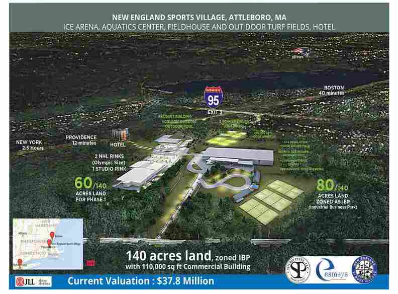 New England Sports Village: Massive 133-acre complex in Attleboro, MA. Features NHL rinks. Now developing  hotel. upcoming plans are for resedential and commercial buildings, aquatics center and fieldhouse. Conveniently located near Boston. A premier sports destination for athletes and fans.